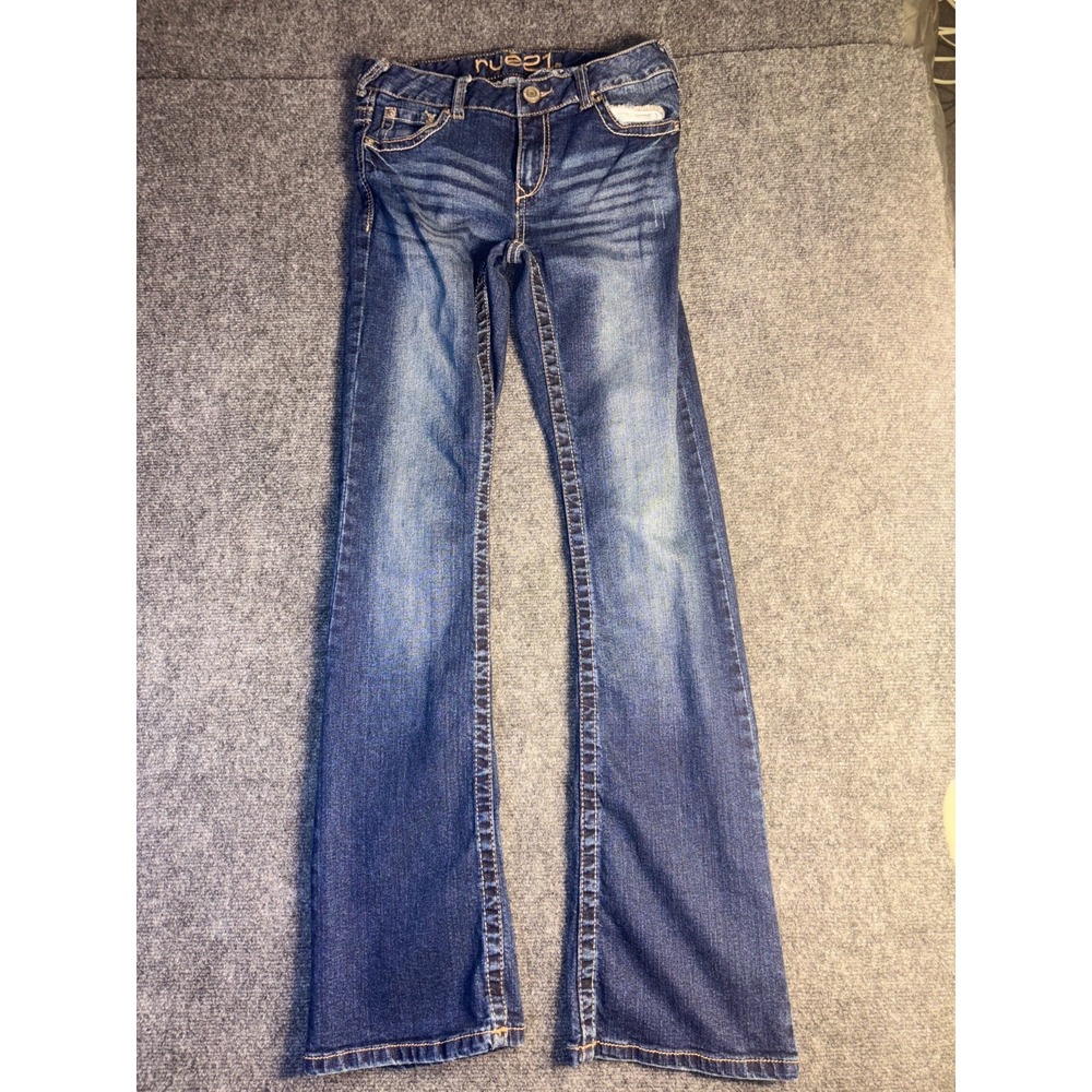 Rue 21 Bootcut Jeans Women 1/2 Blue Denim Embroidered Mid Rise Stretch Whiskered